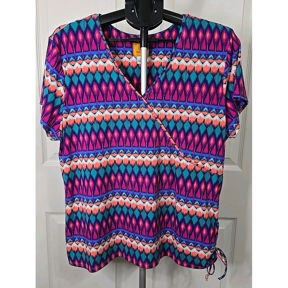 Ruby Rd. Women's XL‎ Faux Wrap Blouse Geometric Pattern Side Tie Short Sleeve